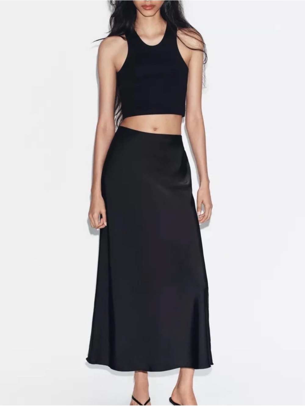 Zara Black Satin Maxi Slip Skirt
